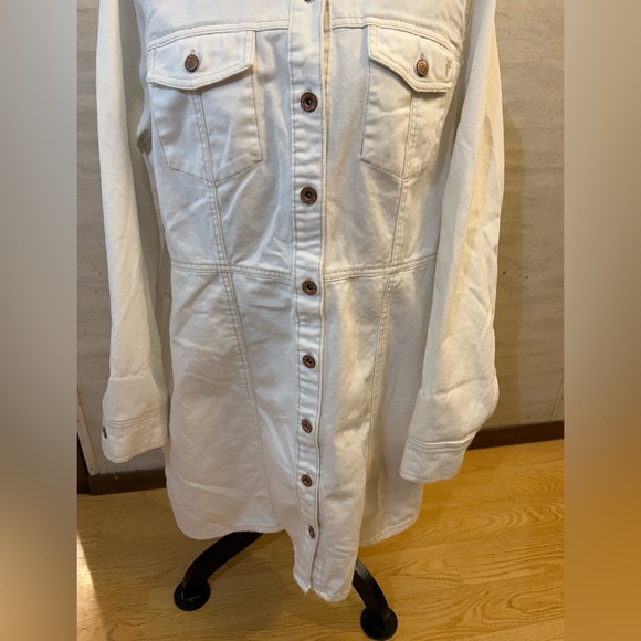 Frye White Button Front Long Sleeve Cotton Denim Shirt Dress - Picture 3 of 15